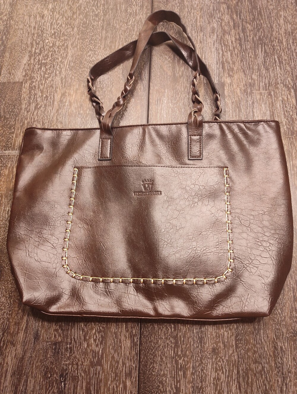 Weimeibaige Brown Faux Leather Large Tote Bag Handbag Braided Handles